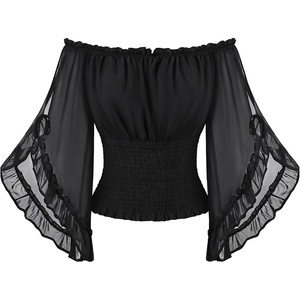 image:imageScarlet Darkness Womens Renaissance Tops OffShoulder Bell Sleeve Shirts  Chiffon Smocked Waist Batwing Sleeve Suitable for Ren Faire Pirate Steampunk PartyBlack