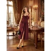 image:imageScarlet Darkness Elegant Corset Dress Women Party Flowy Slit Midi Sundress  Sweetheart neckline adjustable strap slit hem sideseam pockets ideal for cocktail party date homecoming dailyWine Red