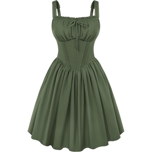 image:imageScarlet Darkness Corset Mini Dress Adjustable Straps Sundress with Pockets  adjustable straps front fixed bownot boned corset waist smocked laceup back side zip side pocket aboveknee mini dressOlive Green
