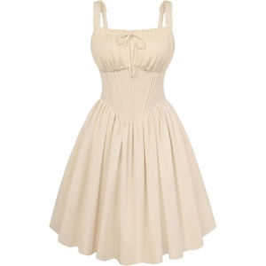 image:imageScarlet Darkness Corset Mini Dress Adjustable Straps Sundress with Pockets  adjustable straps front fixed bownot boned corset waist smocked laceup back side zip side pocket aboveknee mini dressOyster White