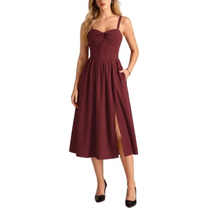image:imageScarlet Darkness Elegant Corset Dress Women Party Flowy Slit Midi Sundress  Sweetheart neckline adjustable strap slit hem sideseam pockets ideal for cocktail party date homecoming dailyWine Red
