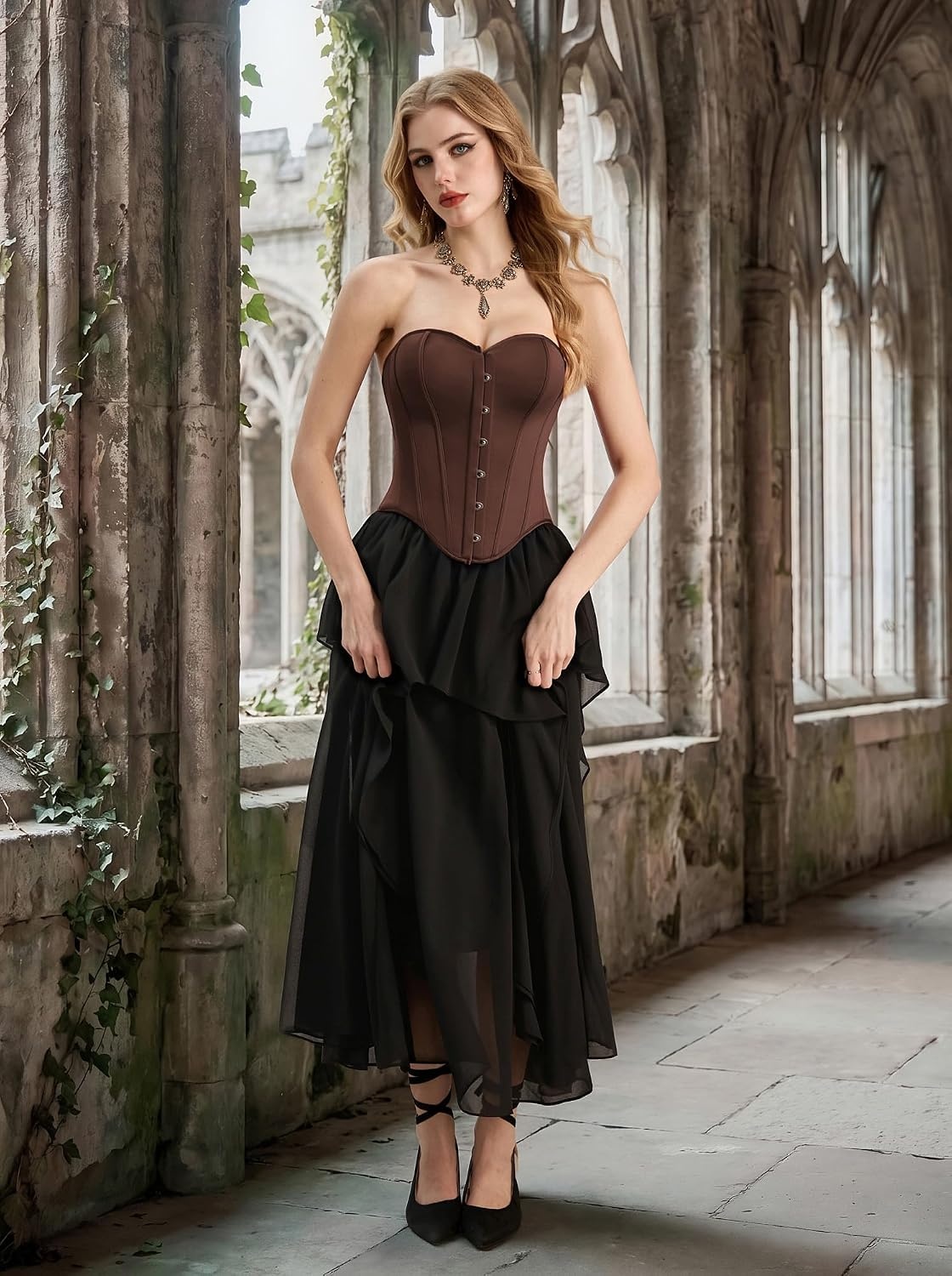 image:imageScarlet Darkness Corset Tops for Women Strapless Overbust Bustiers  Going Out Sweetheart Neckline Satin Solid Color Button Down Front Laceup BackCoffee