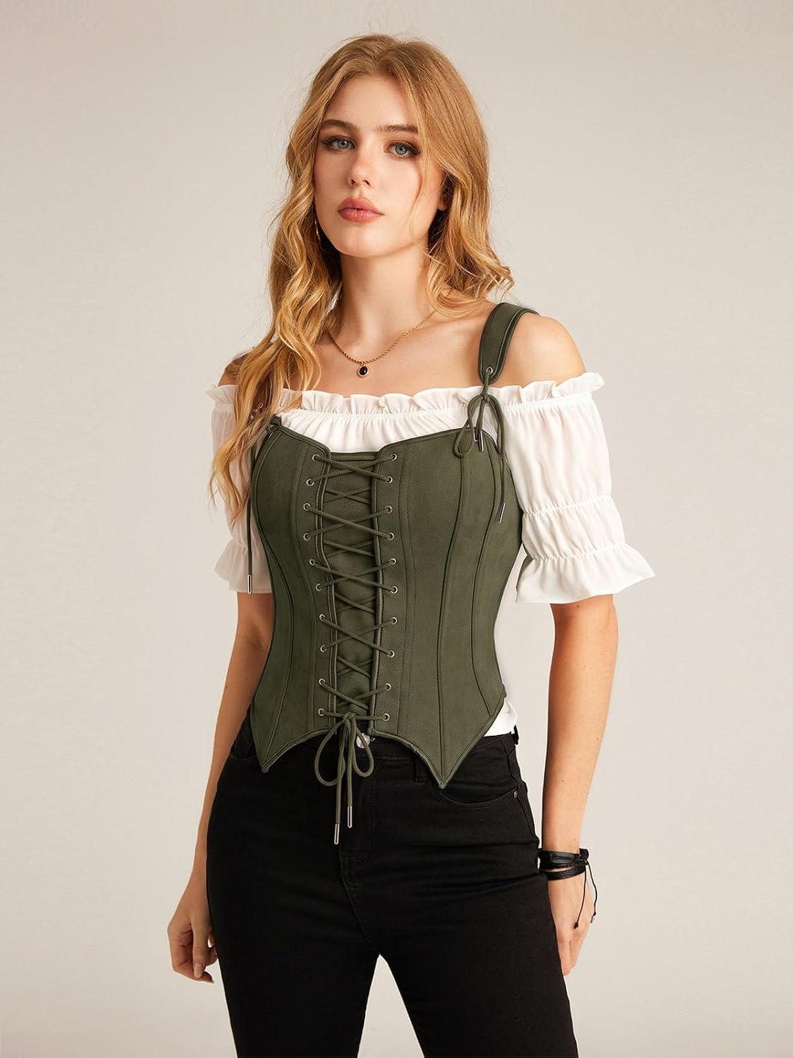 image:imageScarlet Darkness Women Renaissance Corset Tops Western Cowgirl Outfits  Vintage Suede Lace Up for Ren Faire Country Concert Outfits Pirate CostumeArmy Green