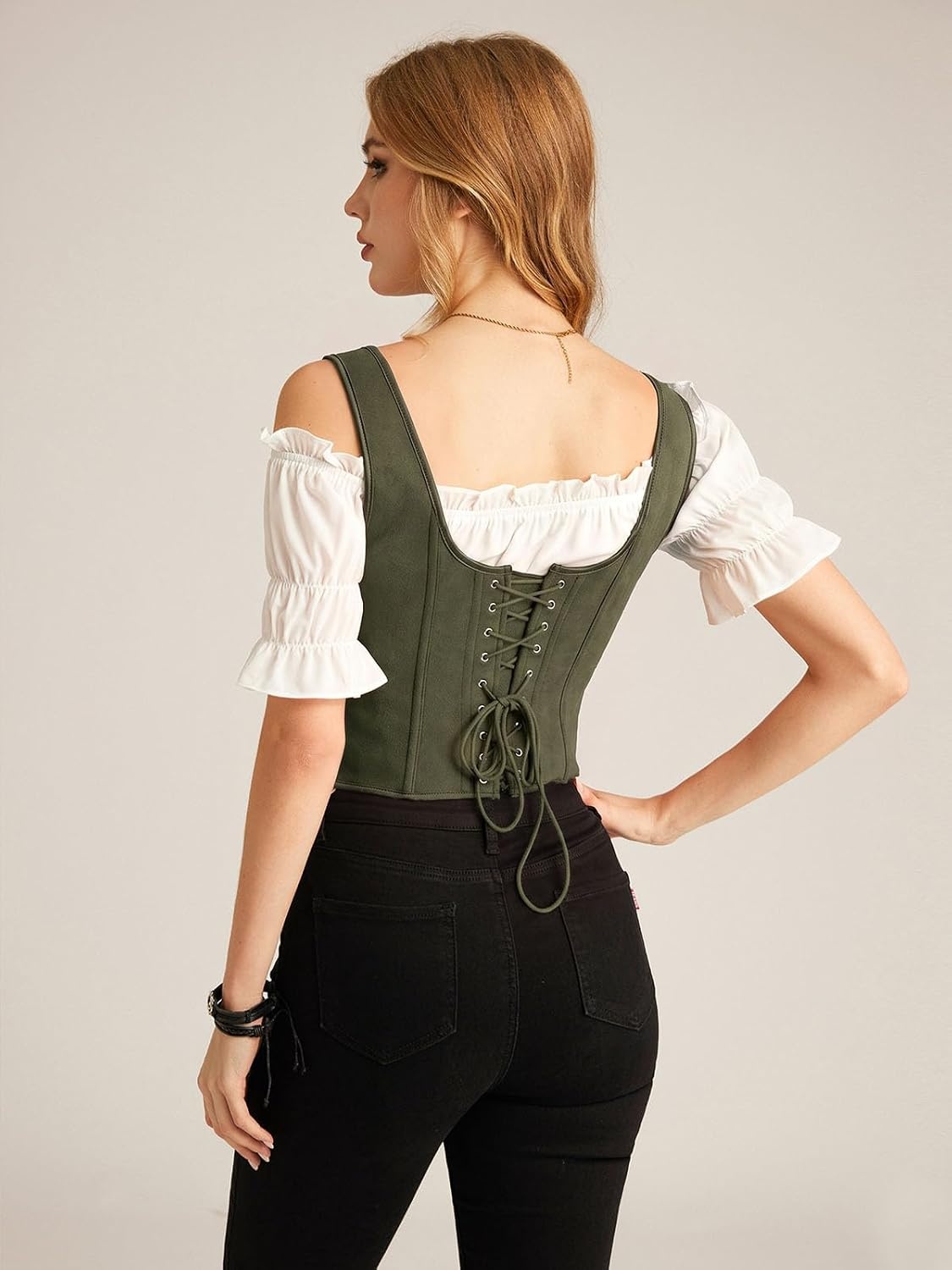 image:imageScarlet Darkness Women Renaissance Corset Tops Western Cowgirl Outfits  Vintage Suede Lace Up for Ren Faire Country Concert Outfits Pirate CostumeArmy Green