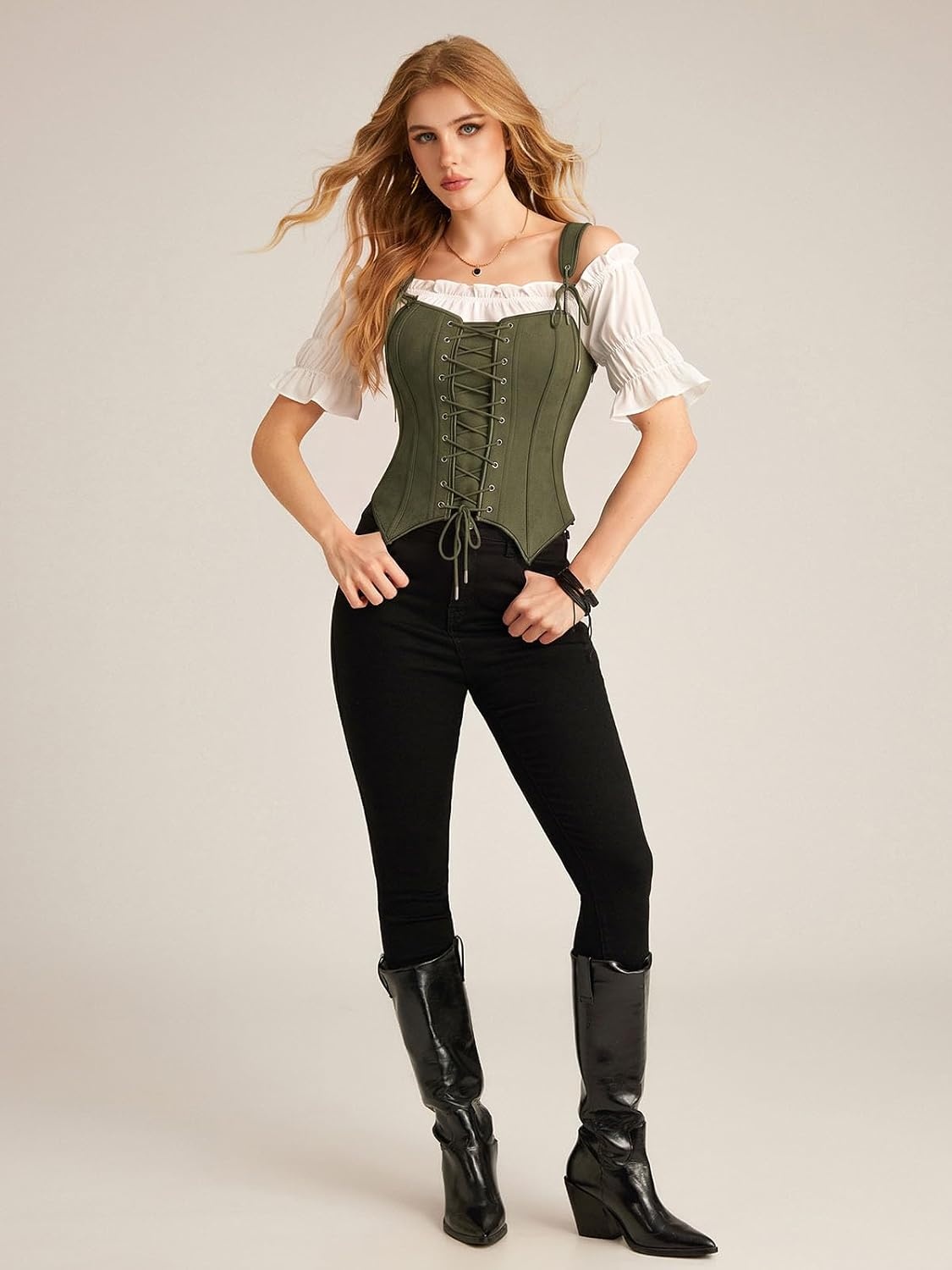 image:imageScarlet Darkness Women Renaissance Corset Tops Western Cowgirl Outfits  Vintage Suede Lace Up for Ren Faire Country Concert Outfits Pirate CostumeArmy Green
