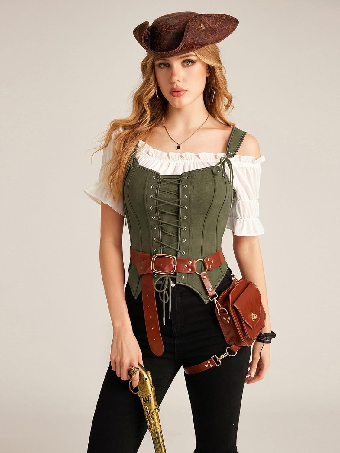 image:imageScarlet Darkness Women Renaissance Corset Tops Western Cowgirl Outfits  Vintage Suede Lace Up for Ren Faire Country Concert Outfits Pirate CostumeArmy Green