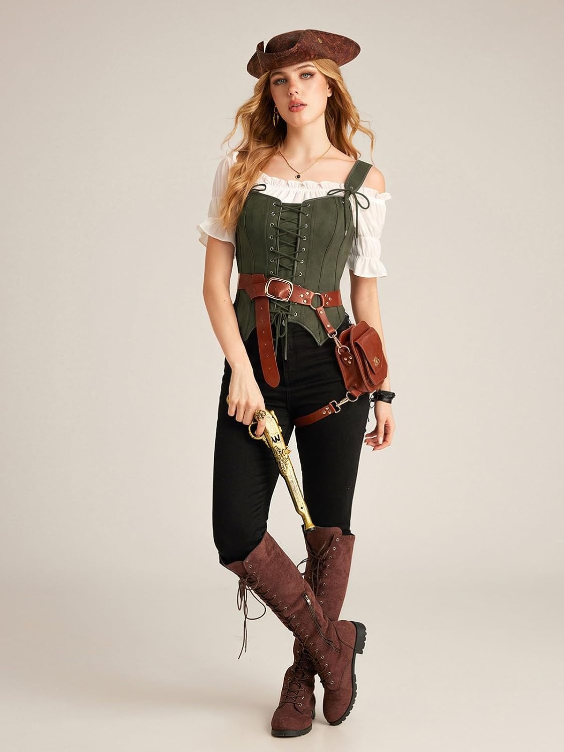 image:imageScarlet Darkness Women Renaissance Corset Tops Western Cowgirl Outfits  Vintage Suede Lace Up for Ren Faire Country Concert Outfits Pirate CostumeArmy Green