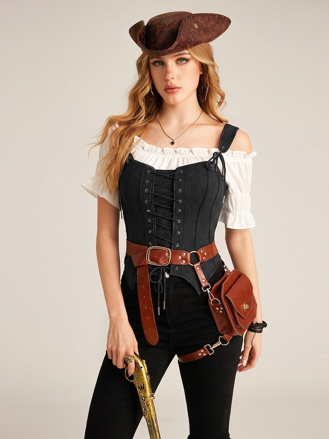 image:imageScarlet Darkness Women Renaissance Corset Tops Western Cowgirl Outfits  Vintage Suede Lace Up for Ren Faire Country Concert Outfits Pirate CostumeBlack