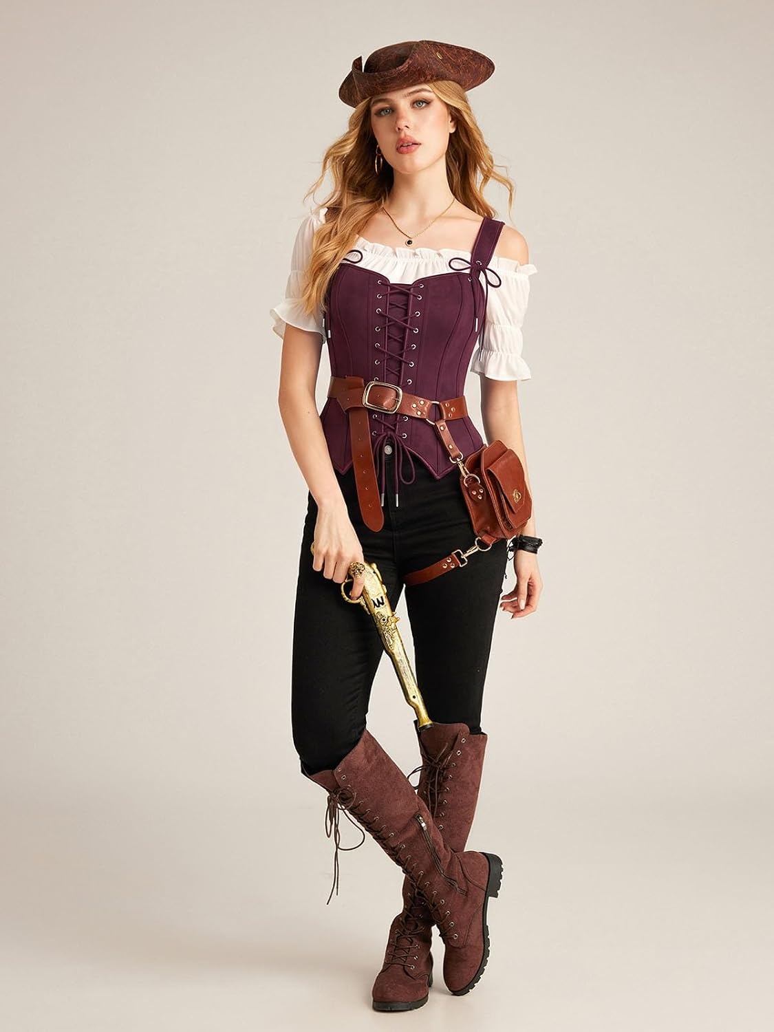 image:imageScarlet Darkness Women Renaissance Corset Tops Western Cowgirl Outfits  Vintage Suede Lace Up for Ren Faire Country Concert Outfits Pirate CostumeBurgundy