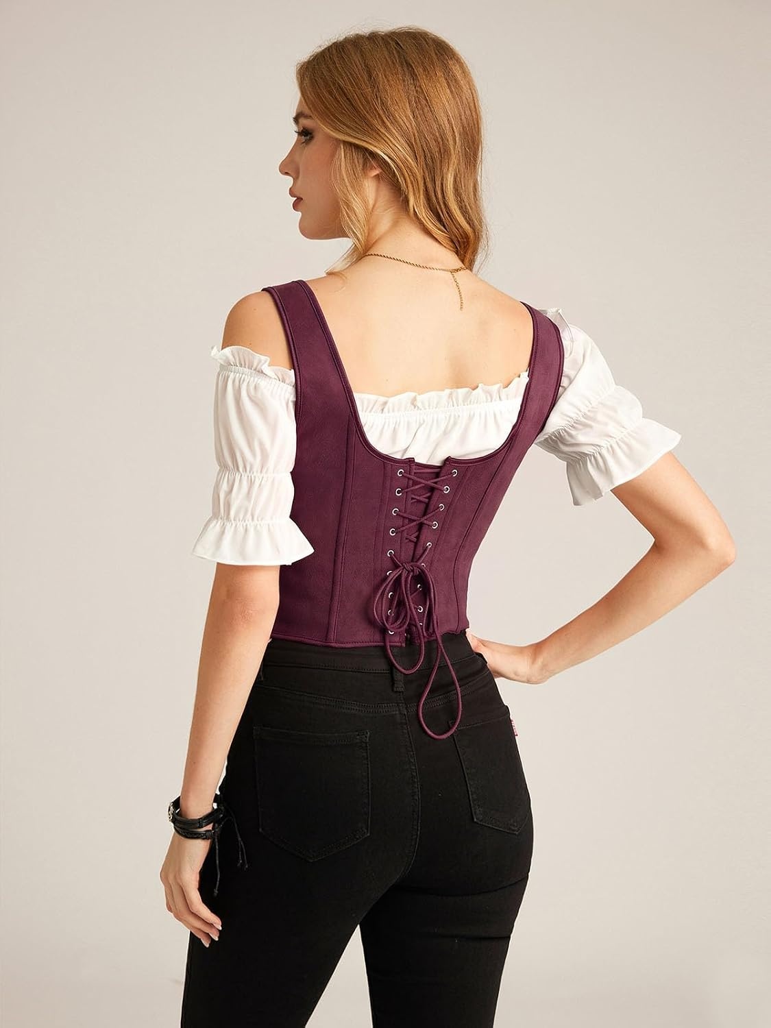 image:imageScarlet Darkness Women Renaissance Corset Tops Western Cowgirl Outfits  Vintage Suede Lace Up for Ren Faire Country Concert Outfits Pirate CostumeBurgundy
