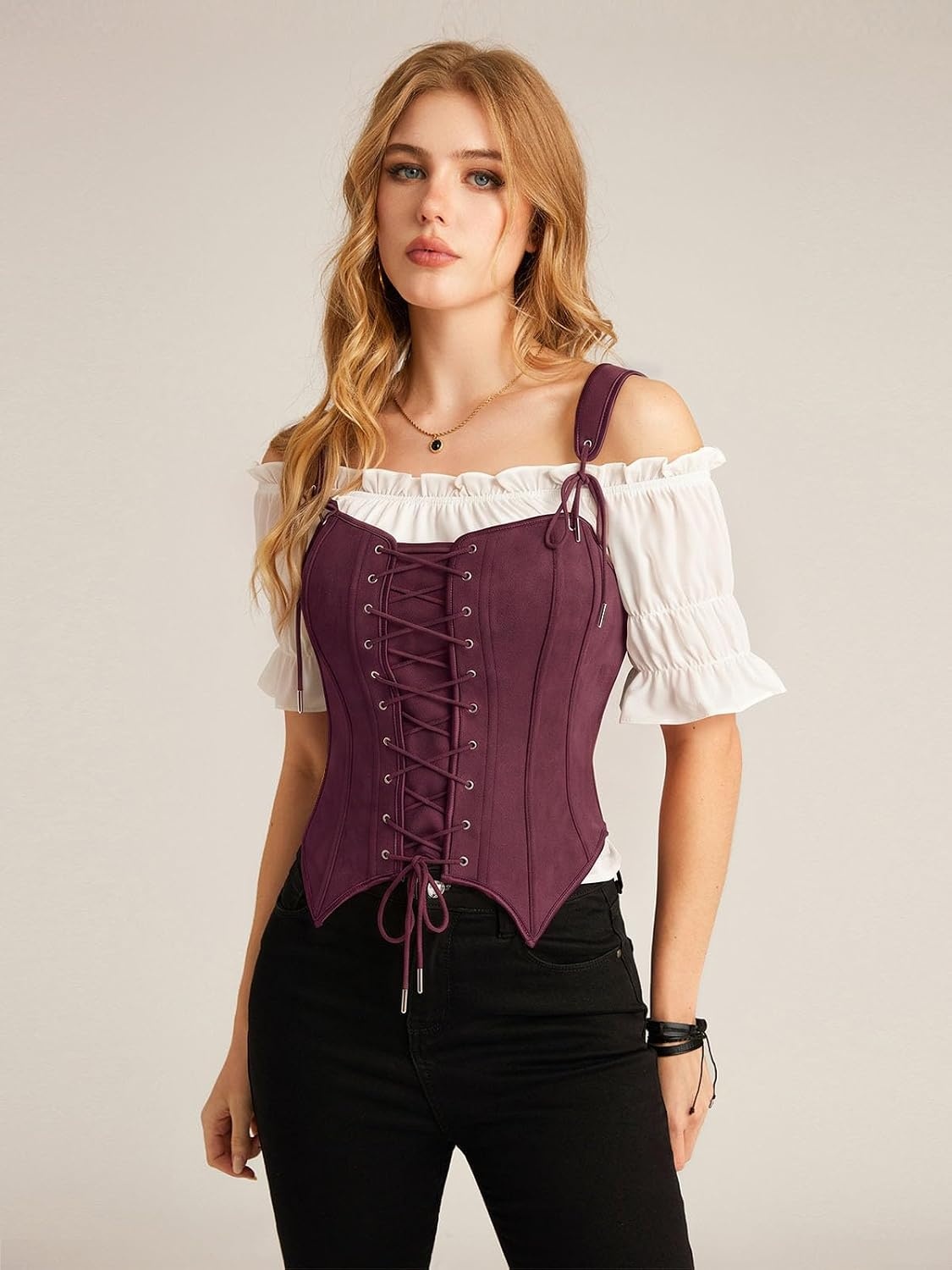 image:imageScarlet Darkness Women Renaissance Corset Tops Western Cowgirl Outfits  Vintage Suede Lace Up for Ren Faire Country Concert Outfits Pirate CostumeBurgundy
