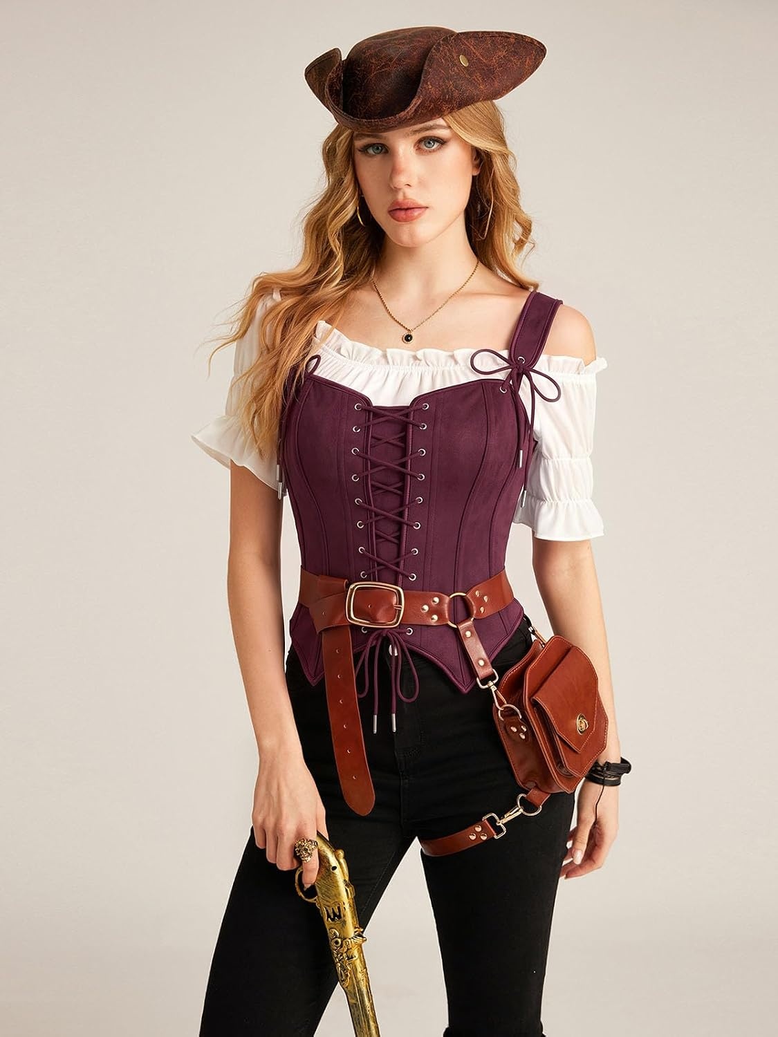 image:imageScarlet Darkness Women Renaissance Corset Tops Western Cowgirl Outfits  Vintage Suede Lace Up for Ren Faire Country Concert Outfits Pirate CostumeBurgundy