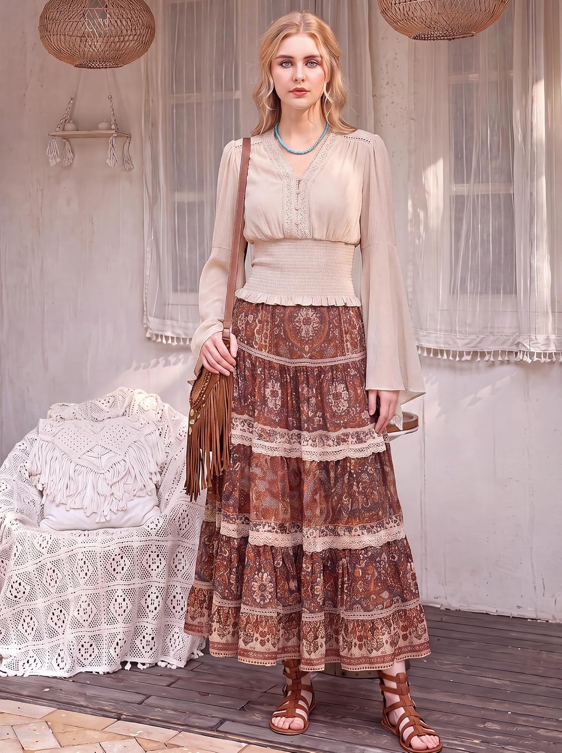 image:imageScarlet Darkness Women Renaissance Peasant Shirt Bell Sleeve Pirate Top  Smocked Waist Lace V Neck Flowy Long Sleeve Boho Cottagecore Blouse 2026 Fall Vintage Clothes LightweightOatmeal