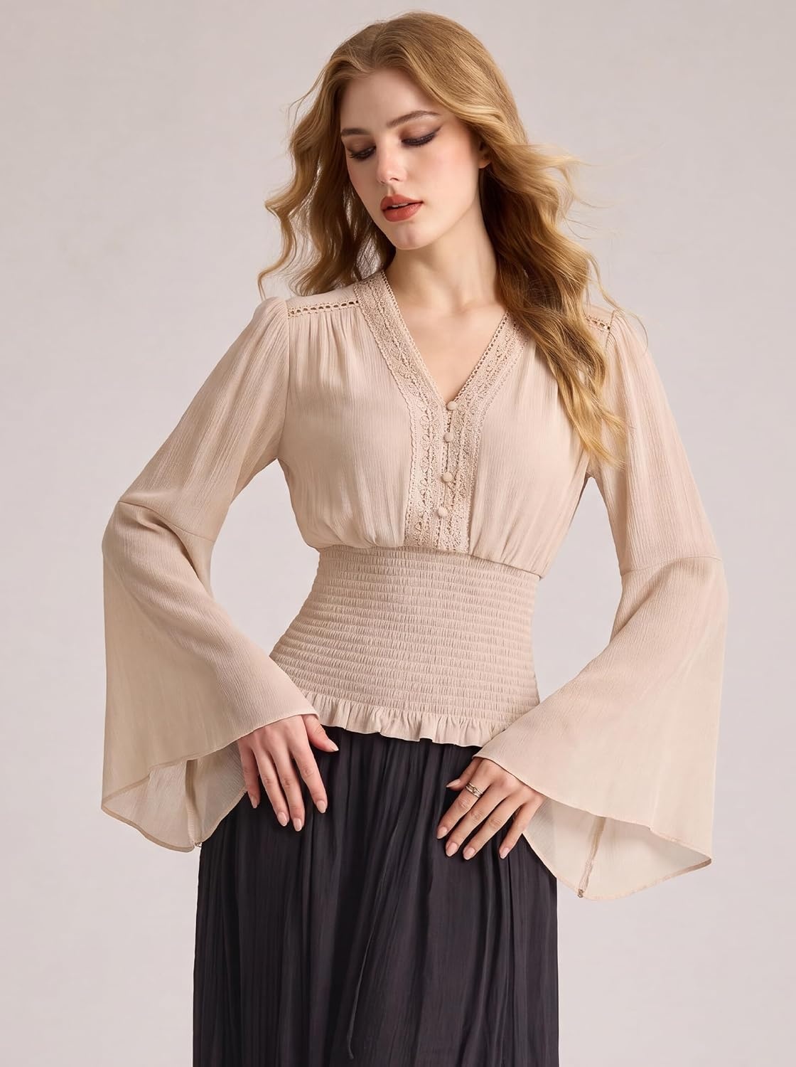 image:imageScarlet Darkness Women Renaissance Peasant Shirt Bell Sleeve Pirate Top  Smocked Waist Lace V Neck Flowy Long Sleeve Boho Cottagecore Blouse 2026 Fall Vintage Clothes LightweightOatmeal