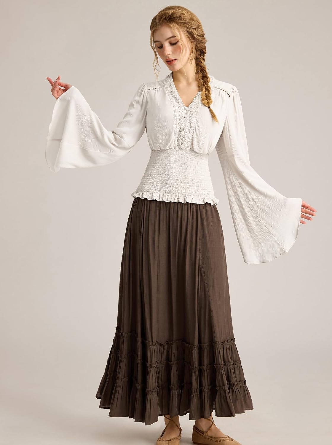 image:imageScarlet Darkness Women Renaissance Peasant Shirt Bell Sleeve Pirate Top  Smocked Waist Lace V Neck Flowy Long Sleeve Boho Cottagecore Blouse 2026 Fall Vintage Clothes LightweightIvory White