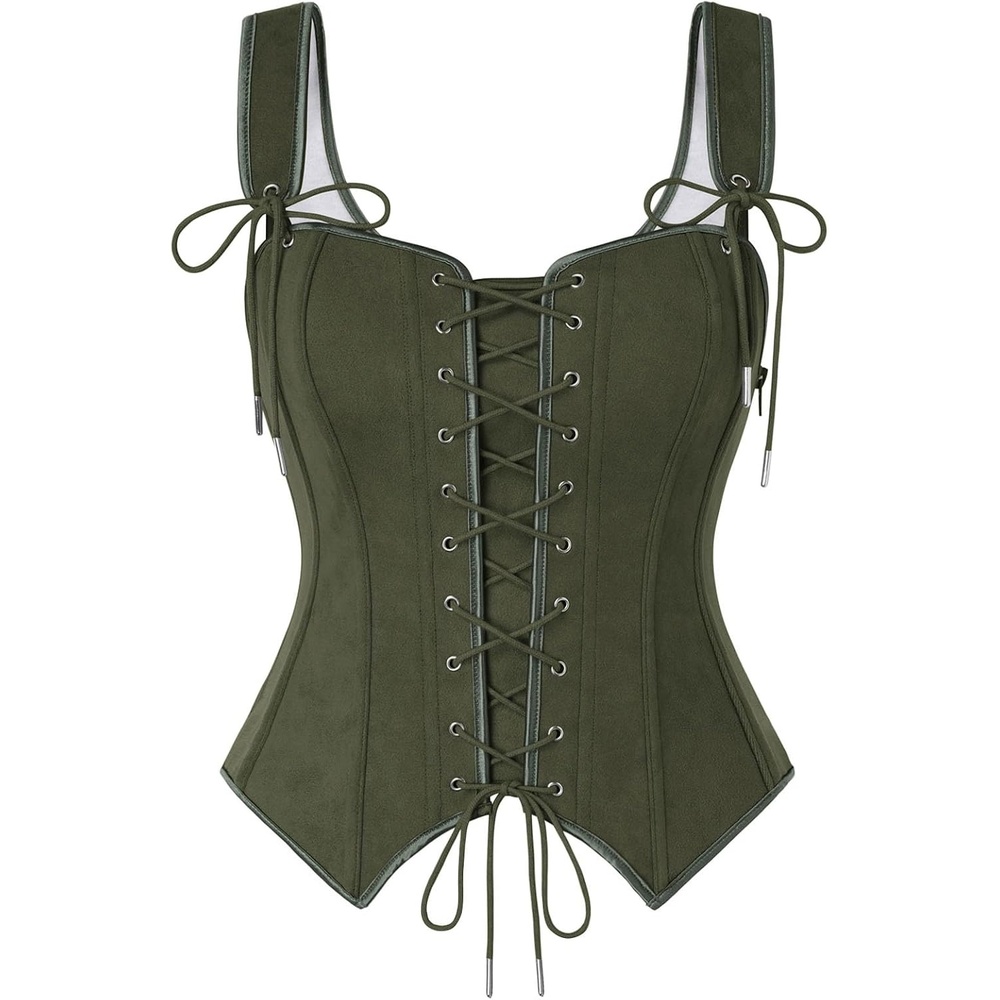 image:imageScarlet Darkness Women Renaissance Corset Tops Western Cowgirl Outfits  Vintage Suede Lace Up for Ren Faire Country Concert Outfits Pirate CostumeArmy Green