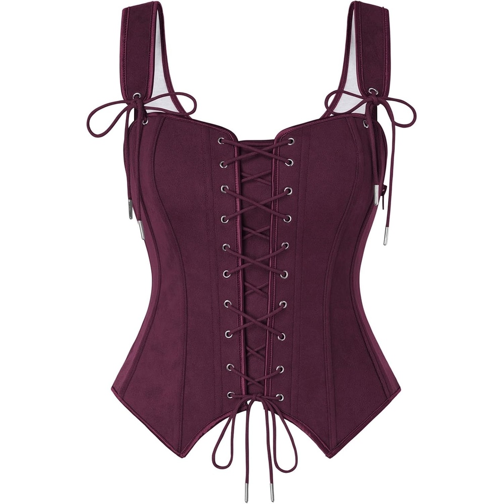 image:imageScarlet Darkness Women Renaissance Corset Tops Western Cowgirl Outfits  Vintage Suede Lace Up for Ren Faire Country Concert Outfits Pirate CostumeBurgundy