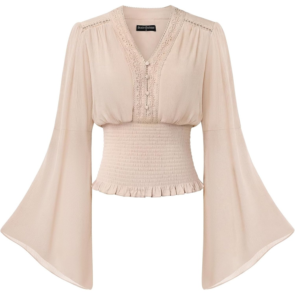 image:imageScarlet Darkness Women Renaissance Peasant Shirt Bell Sleeve Pirate Top  Smocked Waist Lace V Neck Flowy Long Sleeve Boho Cottagecore Blouse 2026 Fall Vintage Clothes LightweightOatmeal