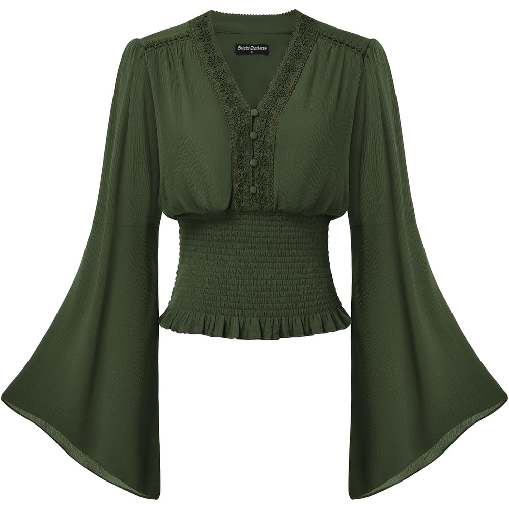 image:imageScarlet Darkness Women Renaissance Peasant Shirt Bell Sleeve Pirate Top  Smocked Waist Lace V Neck Flowy Long Sleeve Boho Cottagecore Blouse 2026 Fall Vintage Clothes LightweightDark Olive Green