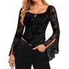 image:imageScarlet Darkness Women Mesh Bell Long Sleeve Top Gothic Y2K Lace Shirt  Renaissance Velvet Print Front Tie Sheer Fitted Asymmetrical Outfits 2026 Fall Retro BlouseBlack