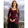 image:imageScarlet Darkness Women Mesh Bell Long Sleeve Top Gothic Y2K Lace Shirt  Renaissance Velvet Print Front Tie Sheer Fitted Asymmetrical Outfits 2026 Fall Retro BlouseBurgundy