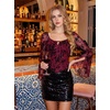 image:imageScarlet Darkness Women Mesh Bell Long Sleeve Top Gothic Y2K Lace Shirt  Renaissance Velvet Print Front Tie Sheer Fitted Asymmetrical Outfits 2026 Fall Retro BlouseBurgundy