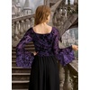 image:imageScarlet Darkness Women Mesh Bell Long Sleeve Top Gothic Y2K Lace Shirt  Renaissance Velvet Print Front Tie Sheer Fitted Asymmetrical Outfits 2026 Fall Retro BlouseDeep Purple