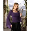 image:imageScarlet Darkness Womens Mesh Top 2026 Long Sleeve Renaissance Blouses  Sheer Bell Sleeves Peasant Tops Lace Square Neck Side Waist Ruched Slim Fit Dressy Casual Dating Party Daily OutfitsDeep Purple