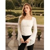 image:imageScarlet Darkness Womens Mesh Top 2026 Long Sleeve Renaissance Blouses  Sheer Bell Sleeves Peasant Tops Lace Square Neck Side Waist Ruched Slim Fit Dressy Casual Dating Party Daily OutfitsWhite