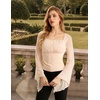 image:imageScarlet Darkness Womens Mesh Top 2026 Long Sleeve Renaissance Blouses  Sheer Bell Sleeves Peasant Tops Lace Square Neck Side Waist Ruched Slim Fit Dressy Casual Dating Party Daily OutfitsApricot