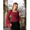 image:imageScarlet Darkness Womens Mesh Top 2026 Long Sleeve Renaissance Blouses  Sheer Bell Sleeves Peasant Tops Lace Square Neck Side Waist Ruched Slim Fit Dressy Casual Dating Party Daily OutfitsWine
