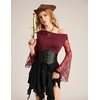 image:imageScarlet Darkness Womens Off The Shoulder Tops Lace Y2K Fall Going Out Tops  Sheer Lace Bell Sleeves Ruched Waist Dressy Casual Tops 2026Dark Wine