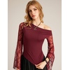image:imageScarlet Darkness Womens Off The Shoulder Tops Lace Y2K Fall Going Out Tops  Sheer Lace Bell Sleeves Ruched Waist Dressy Casual Tops 2026Dark Wine