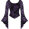image:imageScarlet Darkness Women Mesh Bell Long Sleeve Top Gothic Y2K Lace Shirt  Renaissance Velvet Print Front Tie Sheer Fitted Asymmetrical Outfits 2026 Fall Retro BlouseDeep Purple