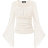 image:imageScarlet Darkness Womens Mesh Top 2026 Long Sleeve Renaissance Blouses  Sheer Bell Sleeves Peasant Tops Lace Square Neck Side Waist Ruched Slim Fit Dressy Casual Dating Party Daily OutfitsWhite