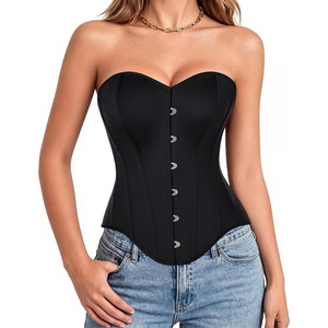image:imageScarlet Darkness Corset Tops for Women Strapless Overbust Bustiers  Going Out Sweetheart Neckline Satin Solid Color Button Down Front Laceup BackBlack