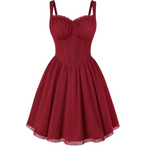 image:imageScarlet Darkness Lace Corset Mini Dress with Pocket Women Teens Grad Outfit  Lace Trim Mini Sundress with Adjustable Straps Ruched Sweetheart Bust Lace Panel Corset Waist Lightweight FabricRed