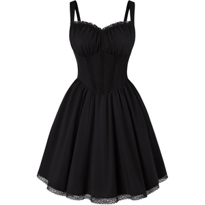 image:imageScarlet Darkness Lace Corset Mini Dress with Pocket Women Teens Grad Outfit  Lace Trim Mini Sundress with Adjustable Straps Ruched Sweetheart Bust Lace Panel Corset Waist Lightweight FabricBlack