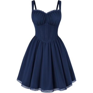 image:imageScarlet Darkness Lace Corset Mini Dress with Pocket Women Teens Grad Outfit  Lace Trim Mini Sundress with Adjustable Straps Ruched Sweetheart Bust Lace Panel Corset Waist Lightweight FabricNavy