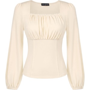 image:imageScarlet Darkness Peasant Blouses for Women Long Sleeve Renaissance Shirts  Square Neck Lace Trim Ruched Flare Long Sleeve Top Empire Waist Slim Fit Ren Faires Medieval Party Daily Vintage OutfitsCream