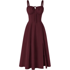image:imageScarlet Darkness Women 2026 Corset Dress Milkmaid Slit Midi Sundress  Fishboned Corset Smocked Lace Up Back for Wedding Guest Casual Tea Party VacationBurgundy