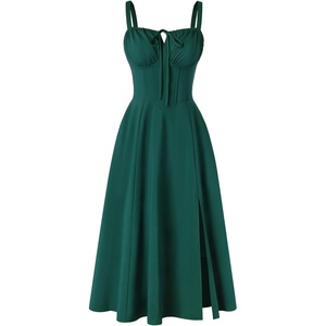 image:imageScarlet Darkness Women 2026 Corset Dress Milkmaid Slit Midi Sundress  Fishboned Corset Smocked Lace Up Back for Wedding Guest Casual Tea Party VacationForest Green