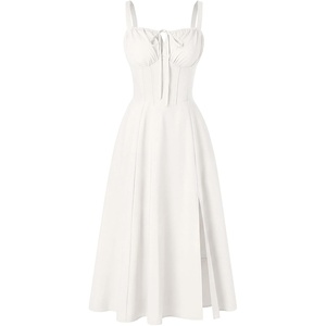 image:imageScarlet Darkness Women 2026 Corset Dress Milkmaid Slit Midi Sundress  Fishboned Corset Smocked Lace Up Back for Wedding Guest Casual Tea Party VacationWhite