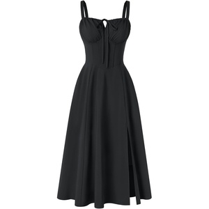image:imageScarlet Darkness Women 2026 Corset Dress Milkmaid Slit Midi Sundress  Fishboned Corset Smocked Lace Up Back for Wedding Guest Casual Tea Party VacationBlack