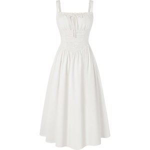 image:imageScarlet Darkness Women Corset Midi Dress Homecoming Cocktail Party Sundress  Sleeveless Square Neckline Back Lace Up Adjustable Tie Strap Ren Fair Costume for Graduation Formal with PocketsIvory White