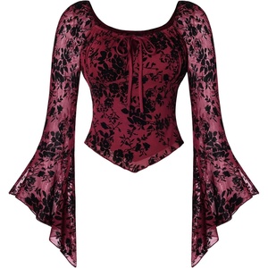 image:imageScarlet Darkness Women Mesh Bell Long Sleeve Top Gothic Y2K Lace Shirt  Renaissance Velvet Print Front Tie Sheer Fitted Asymmetrical Outfits 2026 Fall Retro BlouseBurgundy