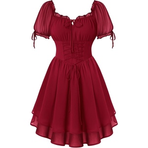 image:imageScarlet Darkness Women Renaissance Dress Mini Short Sleeve Fairy Costume  Flowy with Pockets DoubleLayer Hem ALine Suitable for Ren Faire Cosplay CasualDark Red