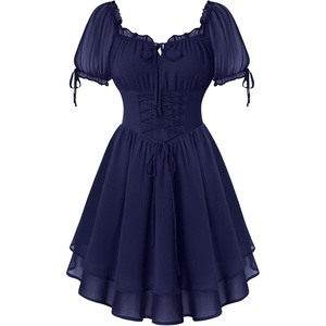 image:imageScarlet Darkness Women Renaissance Dress Mini Short Sleeve Fairy Costume  Flowy with Pockets DoubleLayer Hem ALine Suitable for Ren Faire Cosplay CasualNavy
