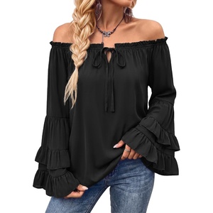 image:imageScarlet Darkness Women Renaissance Shirt Off Shoulder Pirate Tops  Ruffle Bell Sleeve Casual Loose Fit Medieval Pirate CostumeBlack