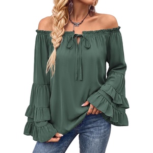 image:imageScarlet Darkness Women Renaissance Shirt Off Shoulder Pirate Tops  Ruffle Bell Sleeve Casual Loose Fit Medieval Pirate CostumeEden Green